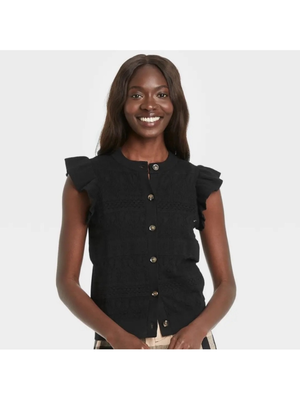 Who What Wear Black Ruffle Sleeve Button-Front Women's Sweater